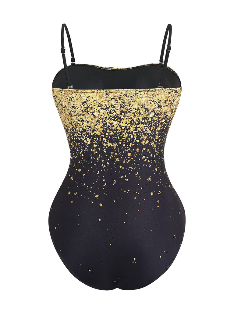 Black swimsuit with gold speckles on a white background