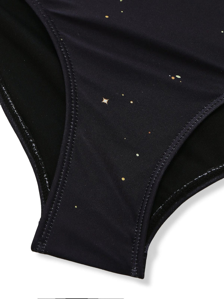 Black swimsuit with star patterns on a white background