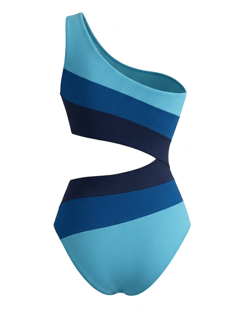 Bleu Asymétrique Rayé Blocs de Couleur Maillot de Bain Une Pièce Années 1940 3