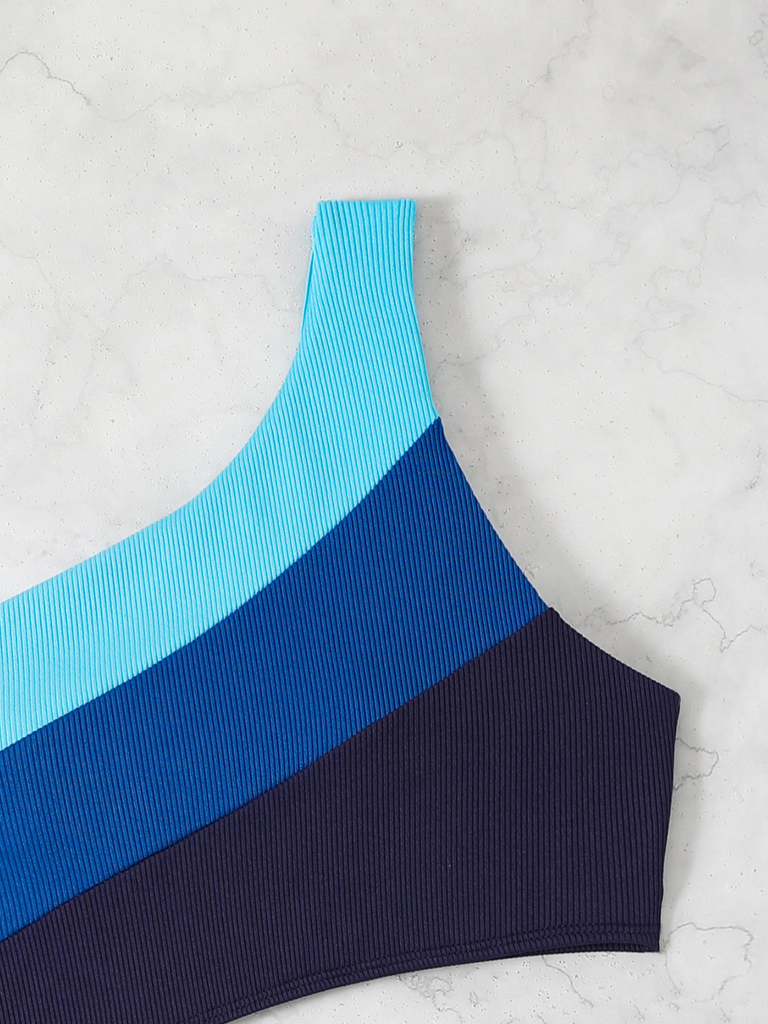 Bleu Asymétrique Rayé Blocs de Couleur Maillot de Bain Une Pièce Années 1940 8