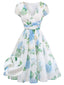 Robe swing bleue col V et imprimé floral années 1950