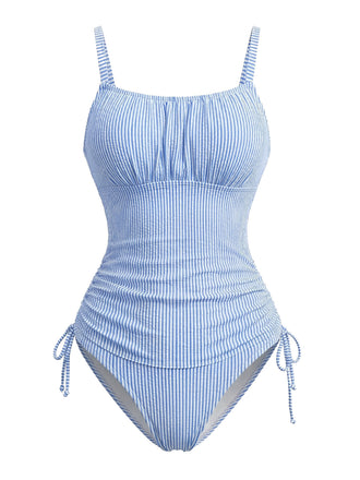 Blue 1950s Pinstripe Ruched Drawstring Tankini Set - vintage fashion, retro style