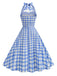 Blue-1950s-plaid-halter-sweetheart-neck-dress-back-view
