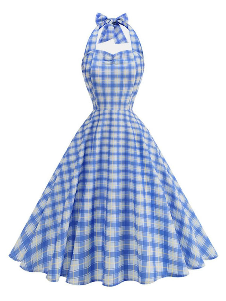 Classic 1950s checkered halter dress featuring sweetheart neck design perfect for vintage-themed parties and rockabilly occasions