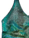 Close-up of a swimsuit with a green and black pattern on a white background
