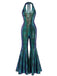 Metallic green and blue jumpsuit on a white background