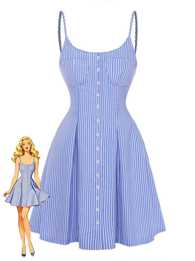 Bleu Rayé Boutons Bretelles Fines Robe en A Années 1960