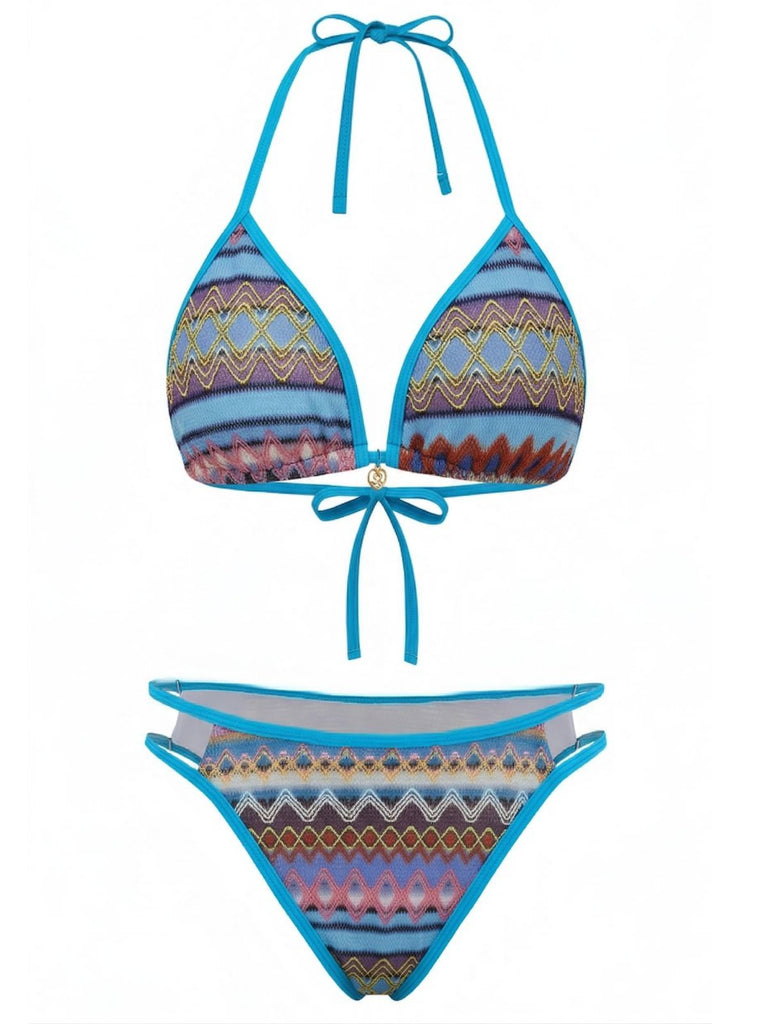 Bohème Géométrique Tricot Halter Ensemble Bikini Années 1970 12