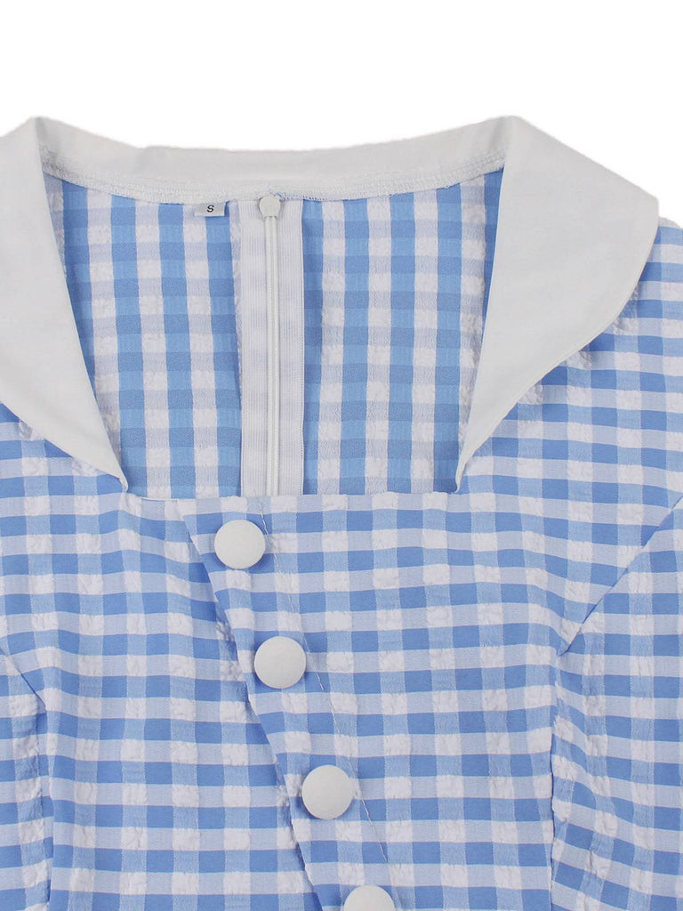 Blue 1950s Plaid Ruffle Swing Dress