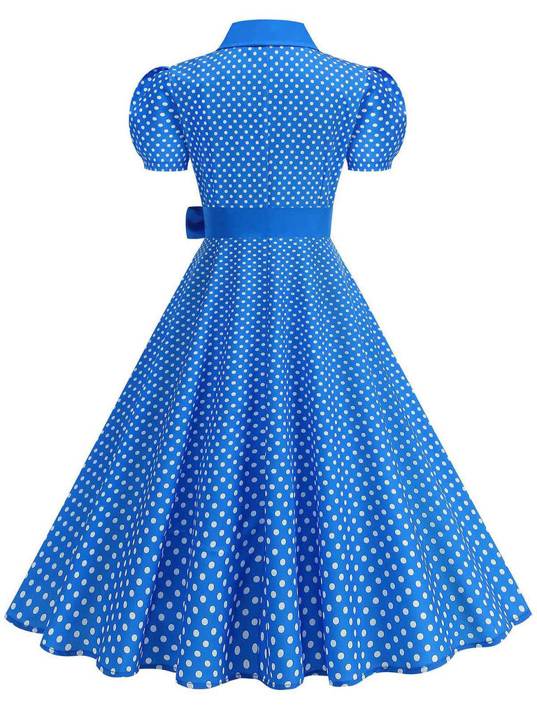 Vintage polka dot belted swing dress with shirt collar in classic 1950s retro style