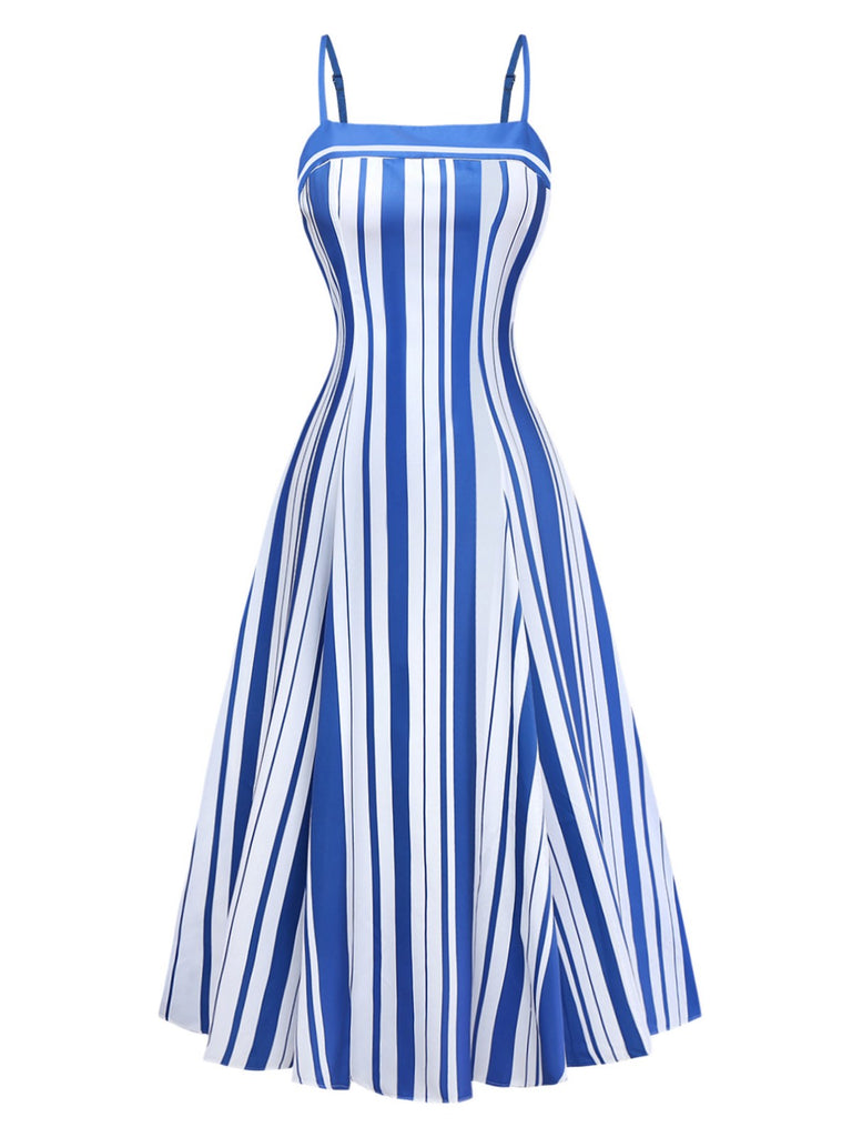 Blue & White 1950s Stripe Spaghetti Strap Midi Dress