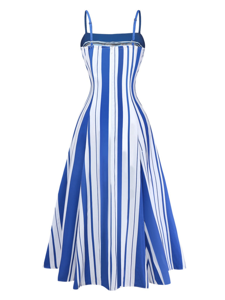 Blue & White 1950s Stripe Spaghetti Strap Midi Dress