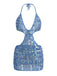 Front: Blue 1980s Sequin Deep V-Neck Backless Beach Cover Up, elegant vintage style, perfect for vintage fashion lovers