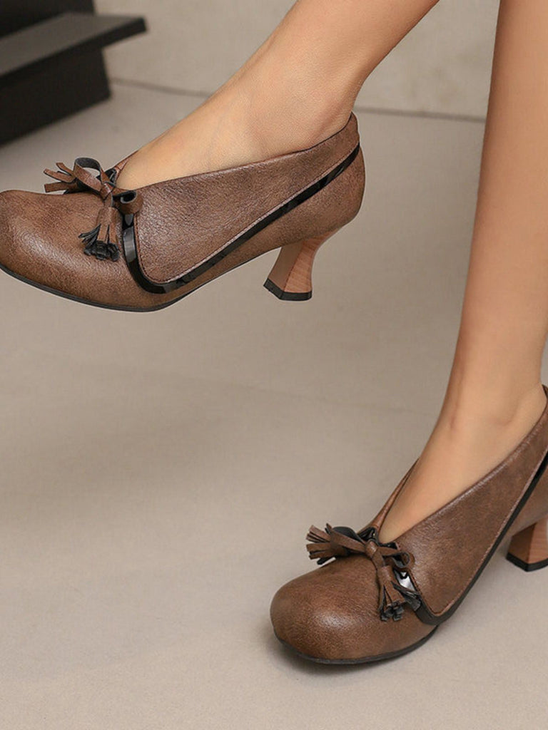 Chaussures rétro à nœud en PU, bout rond et talon compensé