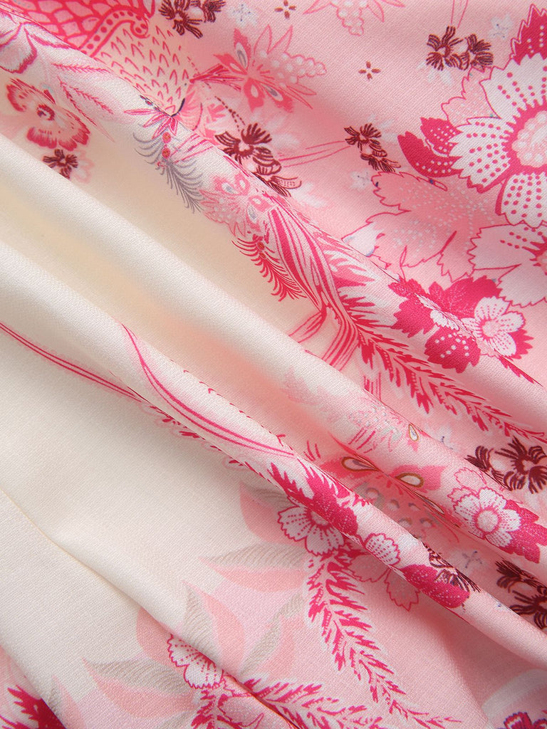 2PCS Chemisier fleuri bohème rose et short taille haute années 1970