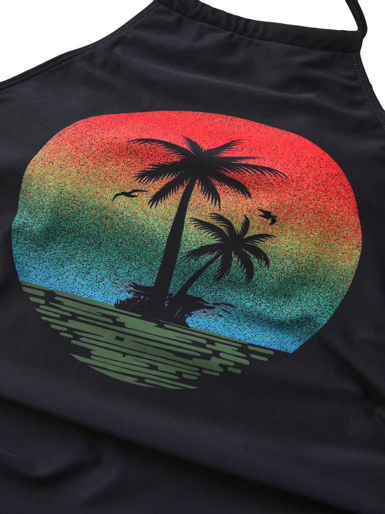 Maillot de bain tankini tie-dye noir à motif palmiers au coucher du soleil années 1940