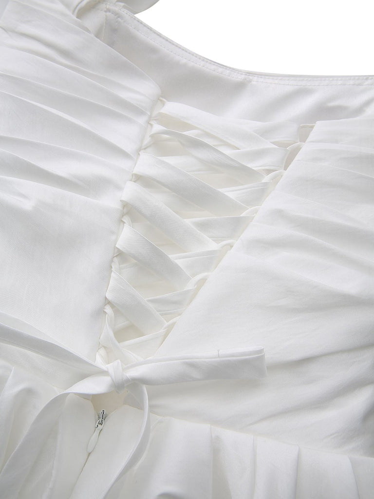 White 1960s Satin Off-Shoulder Mini Dress