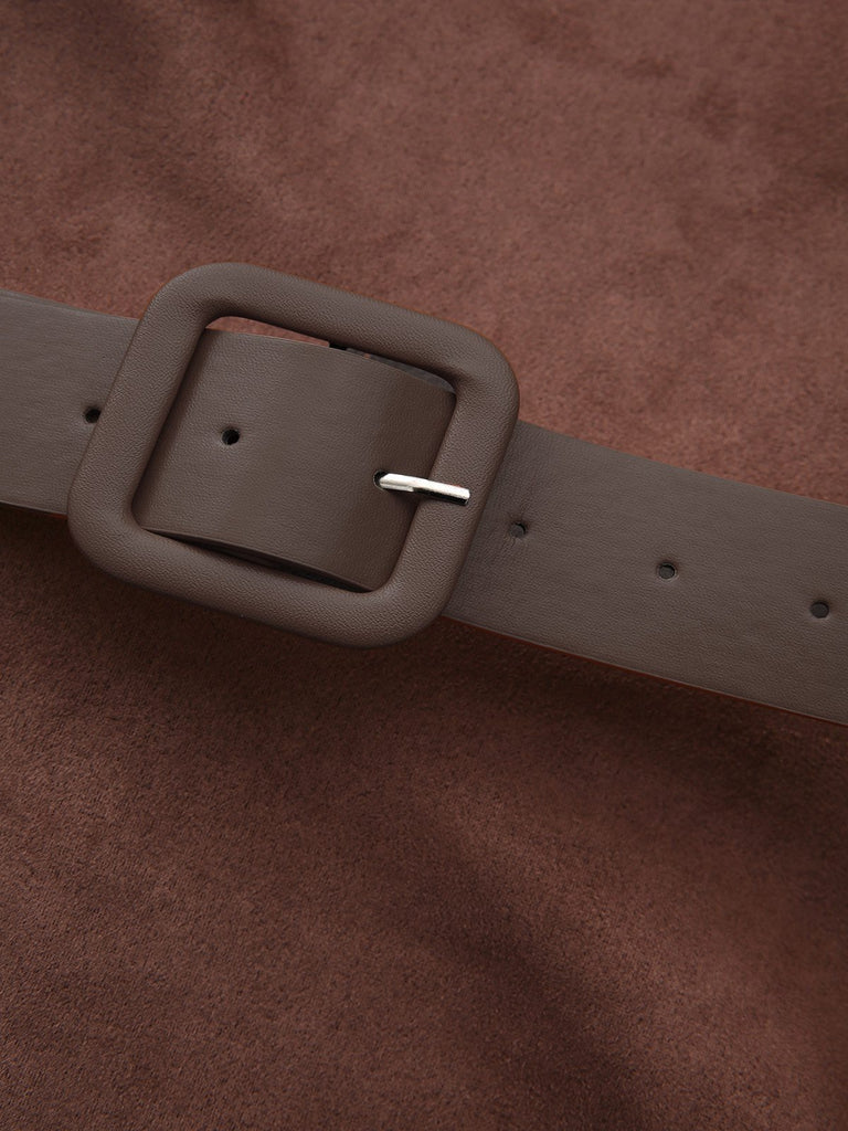 Robe marron manches longues col roulé court avec ceinture années 1970