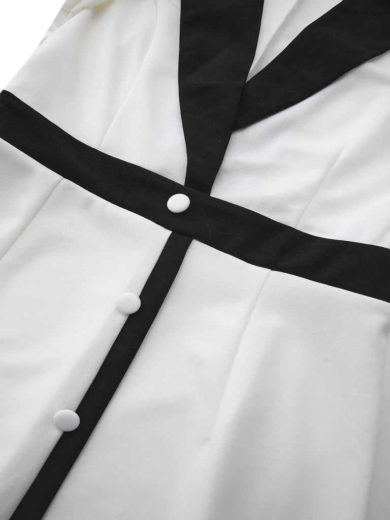 Robe boutonnée à col en V profond blanche et noire années 1940