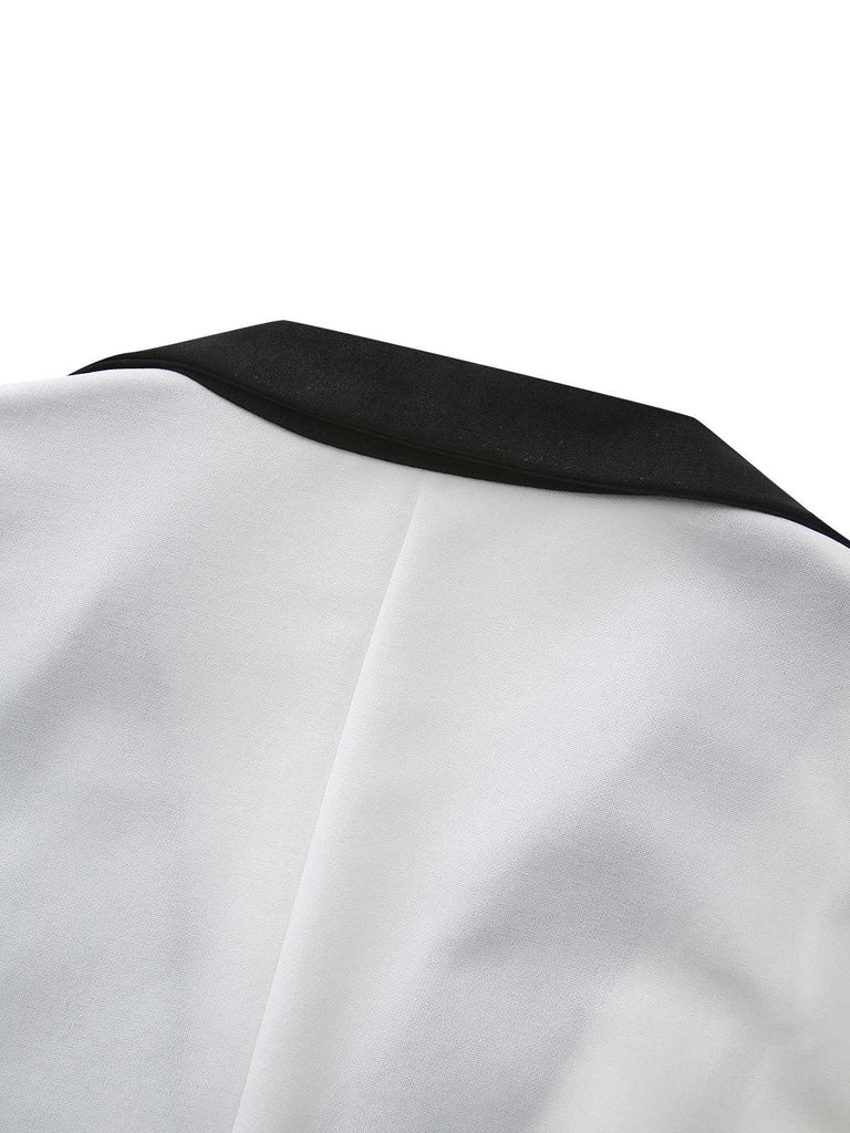 Robe boutonnée à col en V profond blanche et noire années 1940