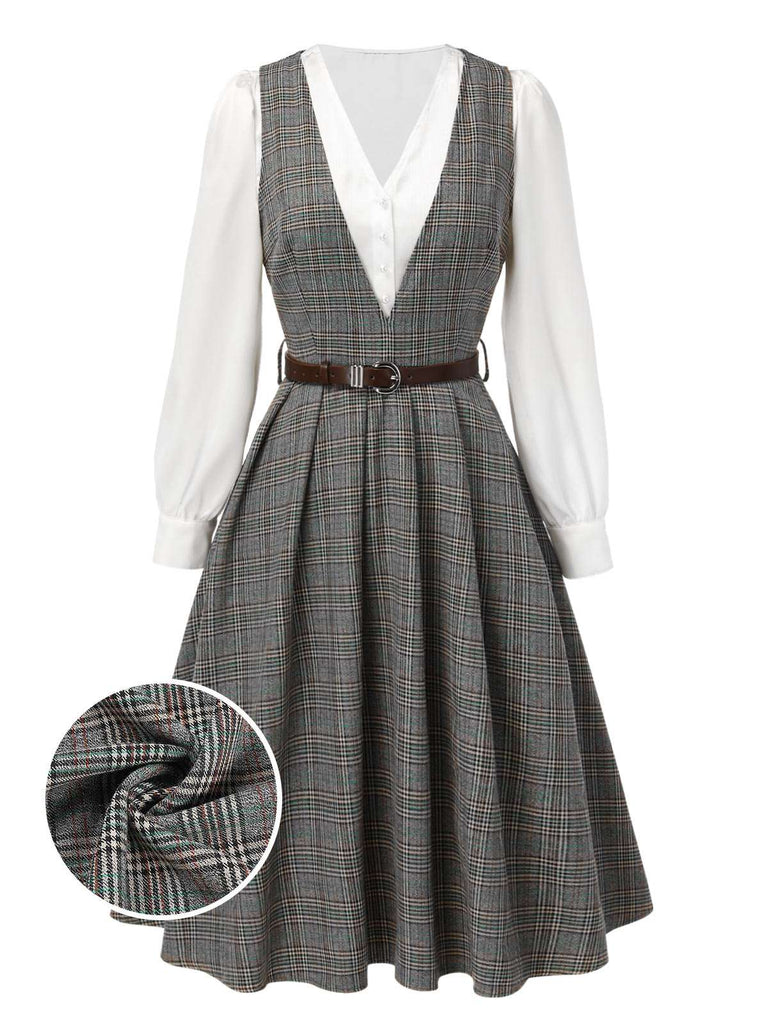2PCS robe à carreaux et chemisier en satin années 40