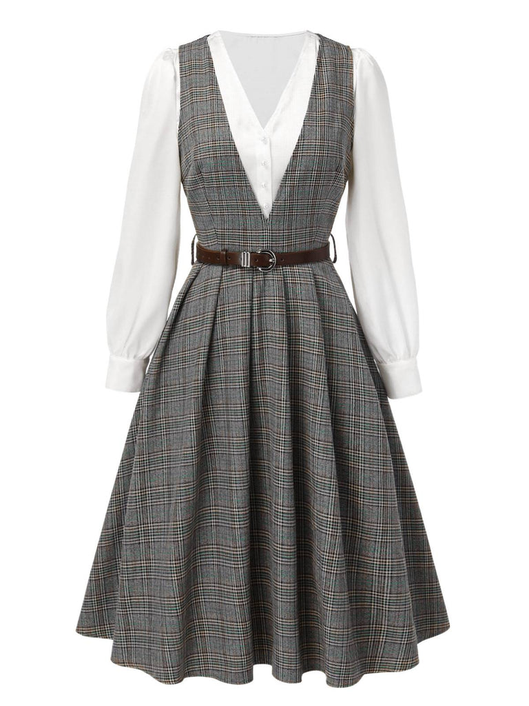 2PCS robe à carreaux et chemisier en satin années 40