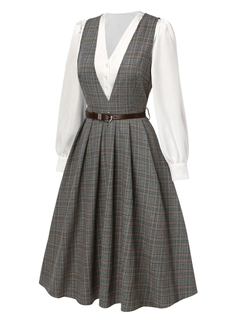 2PCS robe à carreaux et chemisier en satin années 40