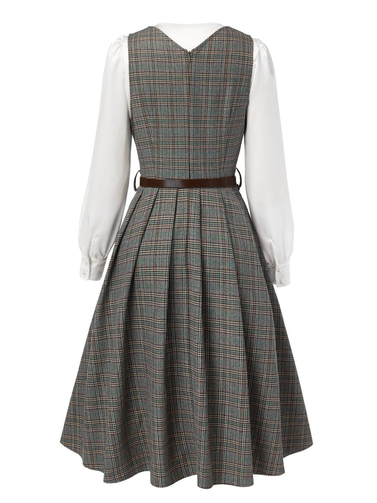 2PCS robe à carreaux et chemisier en satin années 40