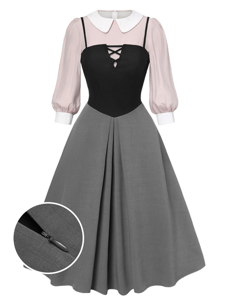 2PCS chemisier rose contrasté et robe grise des années 40