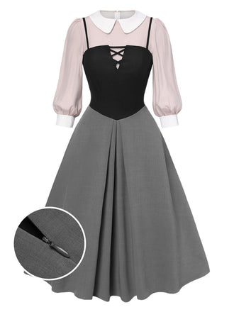 2PCS chemisier rose contrasté et robe grise des années 40