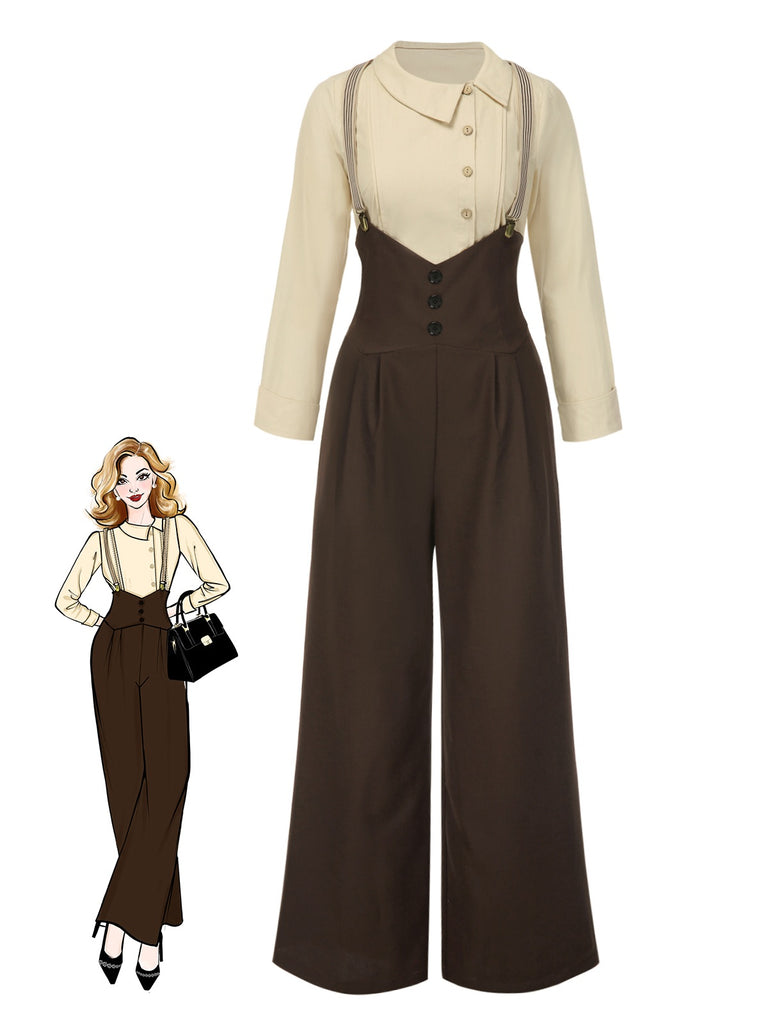 Ensemble chemisier coton et pantalon bretelles années 1930