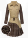 2PCS Veste patchwork à carreaux et jupe plissée kaki et marron années 1960