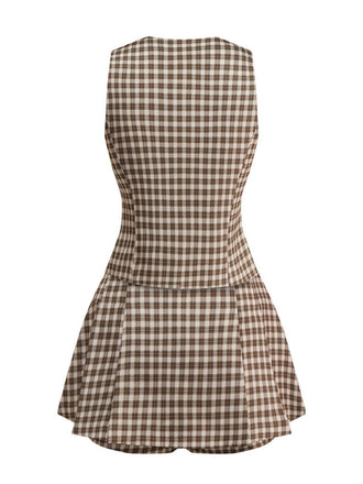 2PCS Gilet et jupe plissés à carreaux vichy marron des années 1960