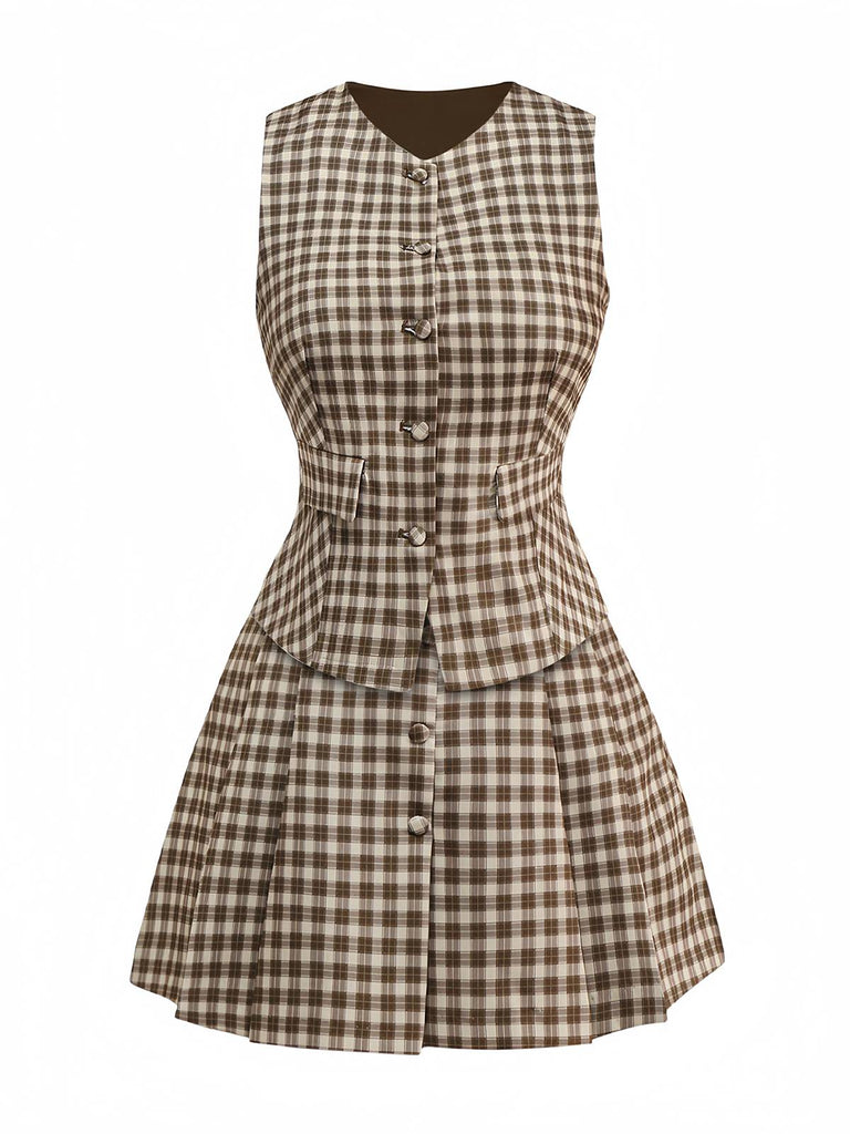 2PCS Gilet et jupe plissés à carreaux vichy marron des années 1960