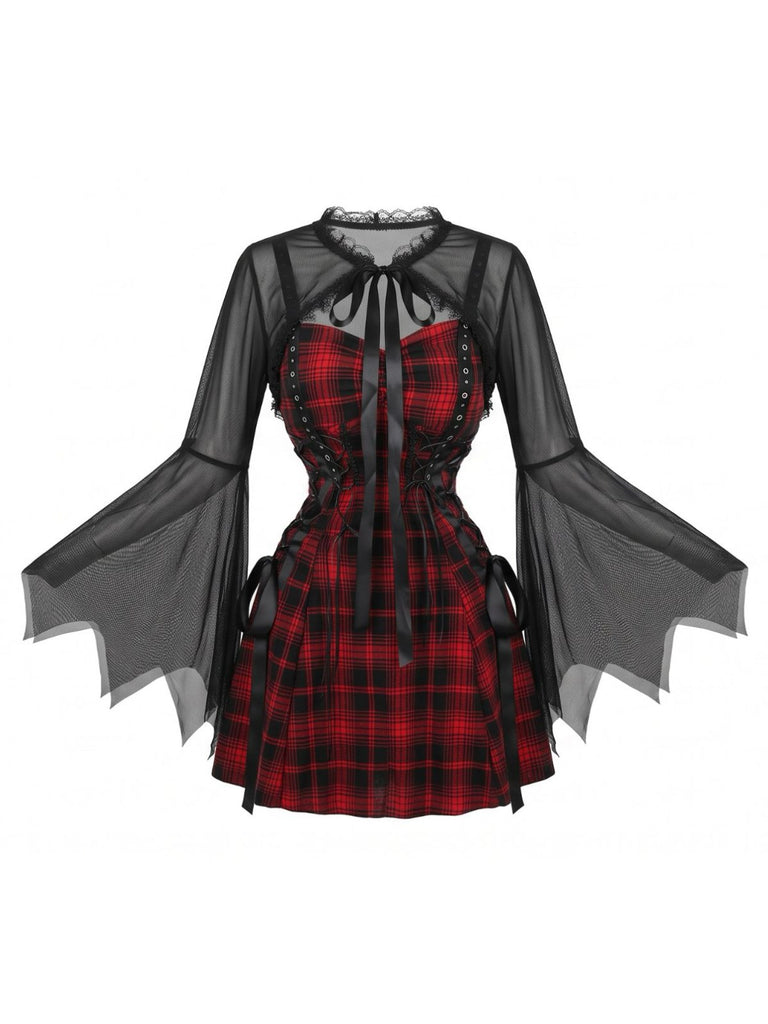 Robe d'Halloween carreaux et bretelles fines ensemble d'accessoires années 1950