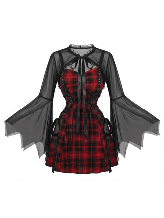 Robe d'Halloween carreaux et bretelles fines ensemble d'accessoires années 1950