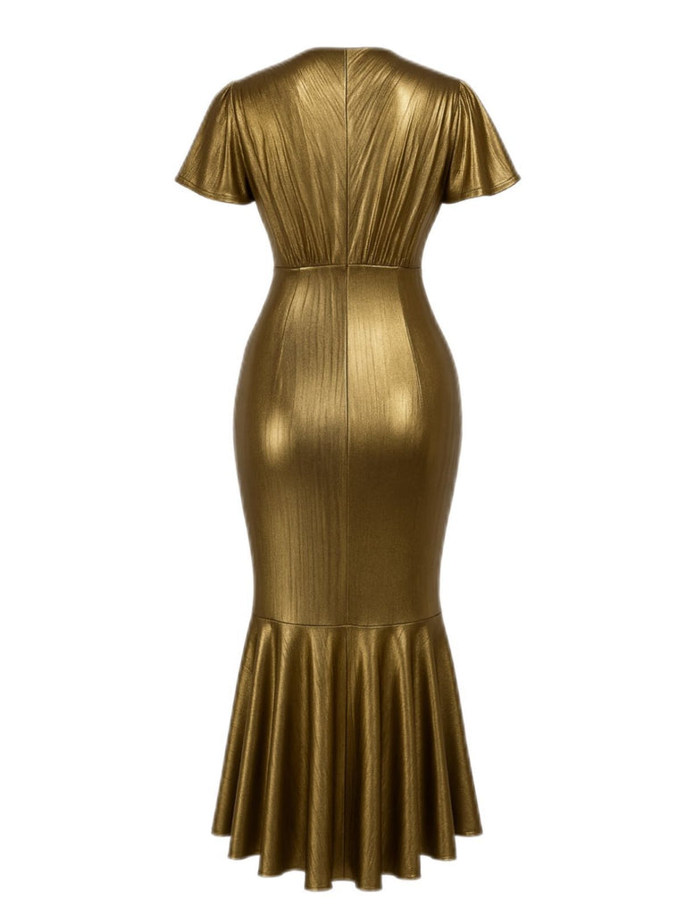 Robe sirène 3d floral texturé métallisé taille cintrée doré des années 1930