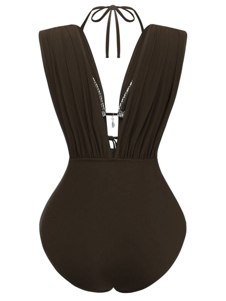 Coffee-1960s-plaid-halter-bikini-top-plunging-ruched-swimsuit-back-view