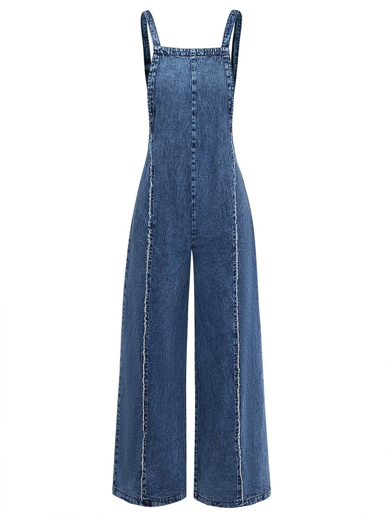 Bleu Denim Jambes Larges Overalls Frayed Combinaison Années 1970 2