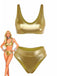 Un ensemble bikini deux pièces doré métallisé, composé d'un haut à col rond et d'un bas taille haute, illustré d'un personnage.