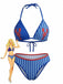 Un ensemble bikini deux pièces à rayures verticales bleues et bleu clair orné de motifs de homards rouges, comprenant un haut triangle dos nu et un bas assorti.