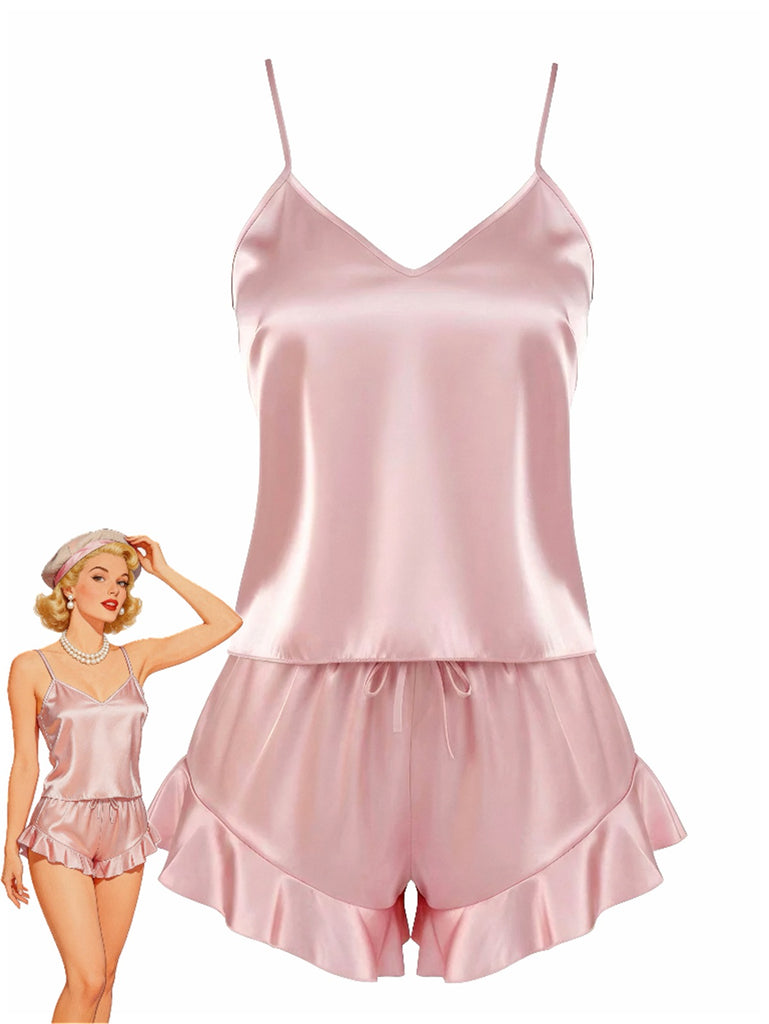 Ensemble pyjama en satin rose à volants années 1960