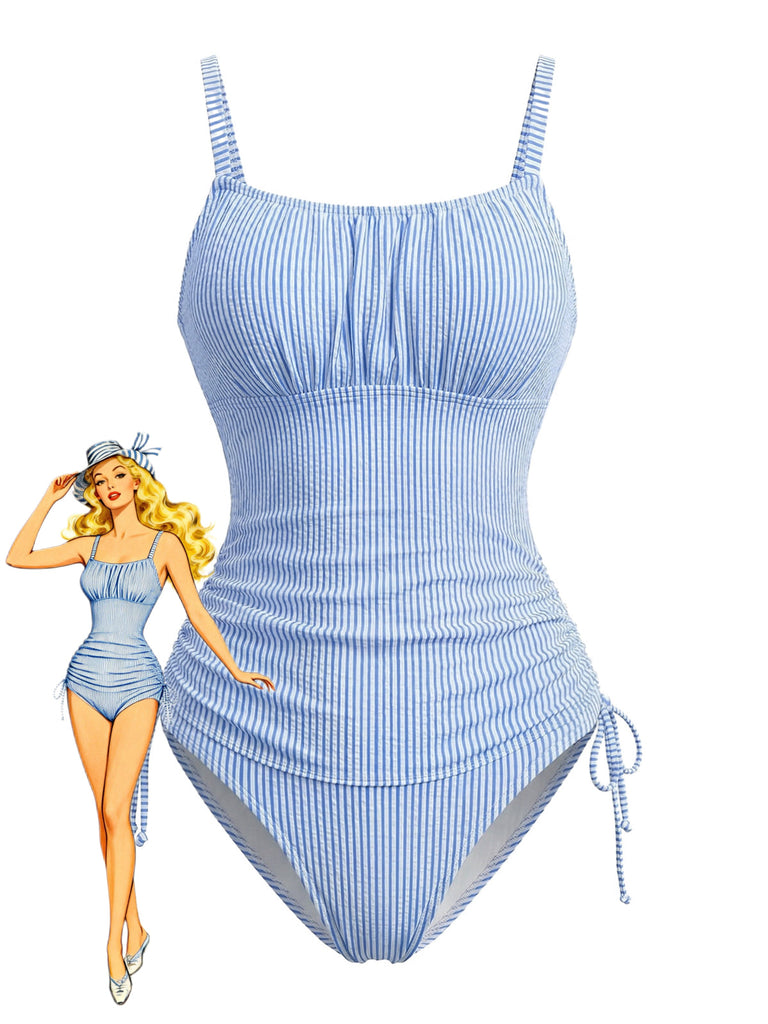 Ensemble tankini bleu à fines rayures et cordon de serrage froncé, style années 50 - mode vintage, style rétro