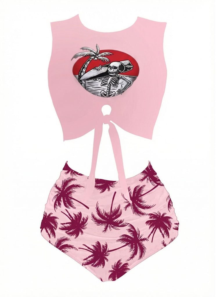 Ensemble tankini vert squelette de plage avec nœud sur le devant années 1980