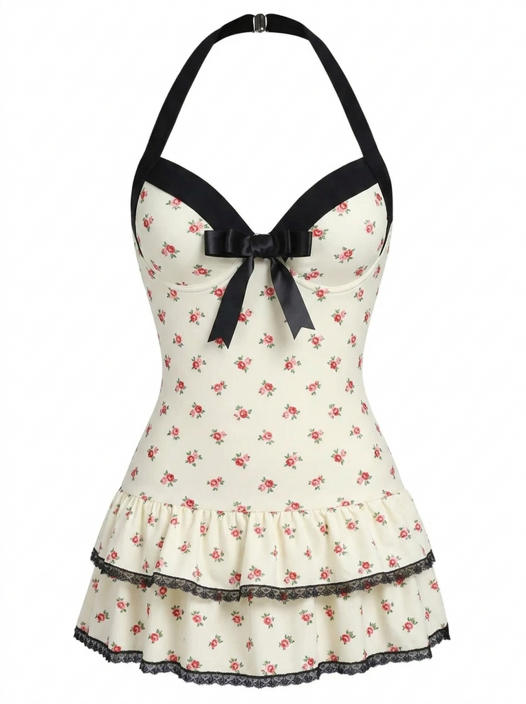 Maillot de bain une pièce carreaux rouges et nœud années 1940