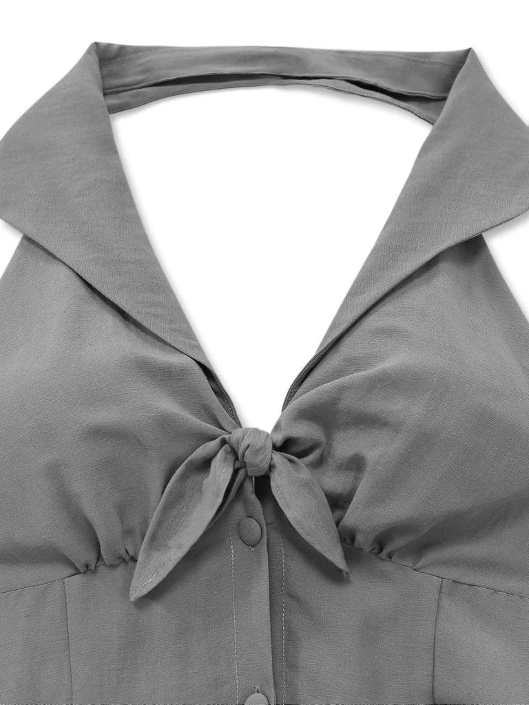Gray halter V-neck dress collar design closeup highlighting elegant neckline craftsmanship and detail