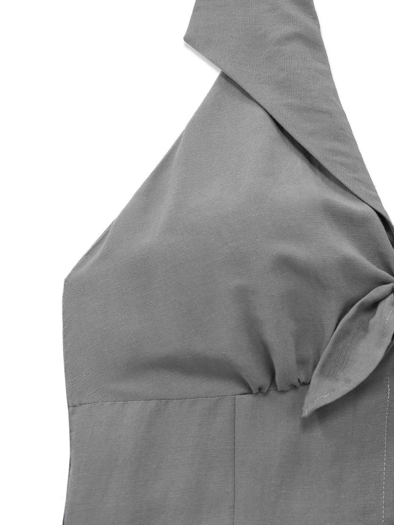 Gray halter V-neck dress fabric detail showcasing soft texture and quality material composition