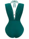 Green-1960s-plaid-halter-bikini-top-plunging-ruched-swimsuit-back-view