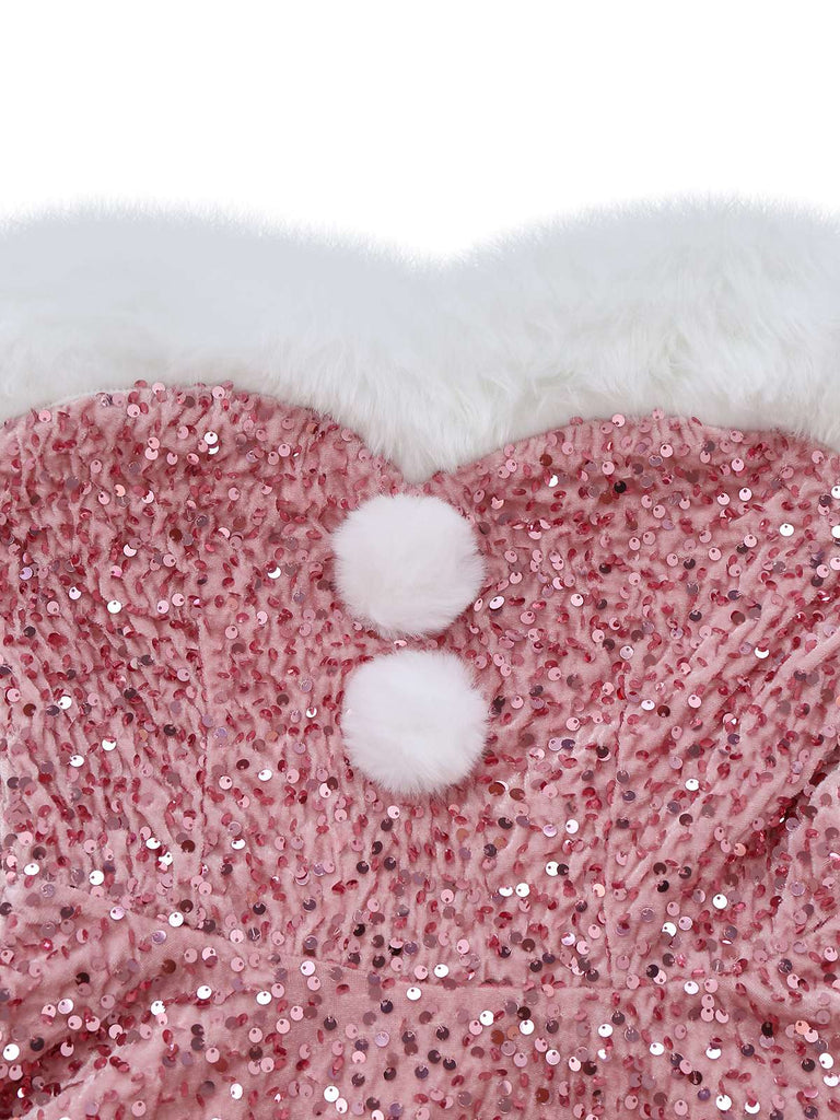 Robe bustier rose à paillettes et fourrure des années 60