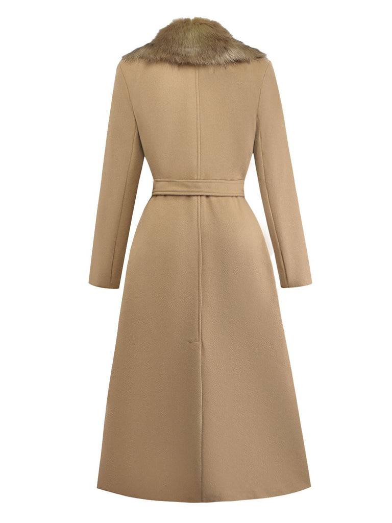 Manteau col en fourrure avec ceinture kaki unie des années 1920